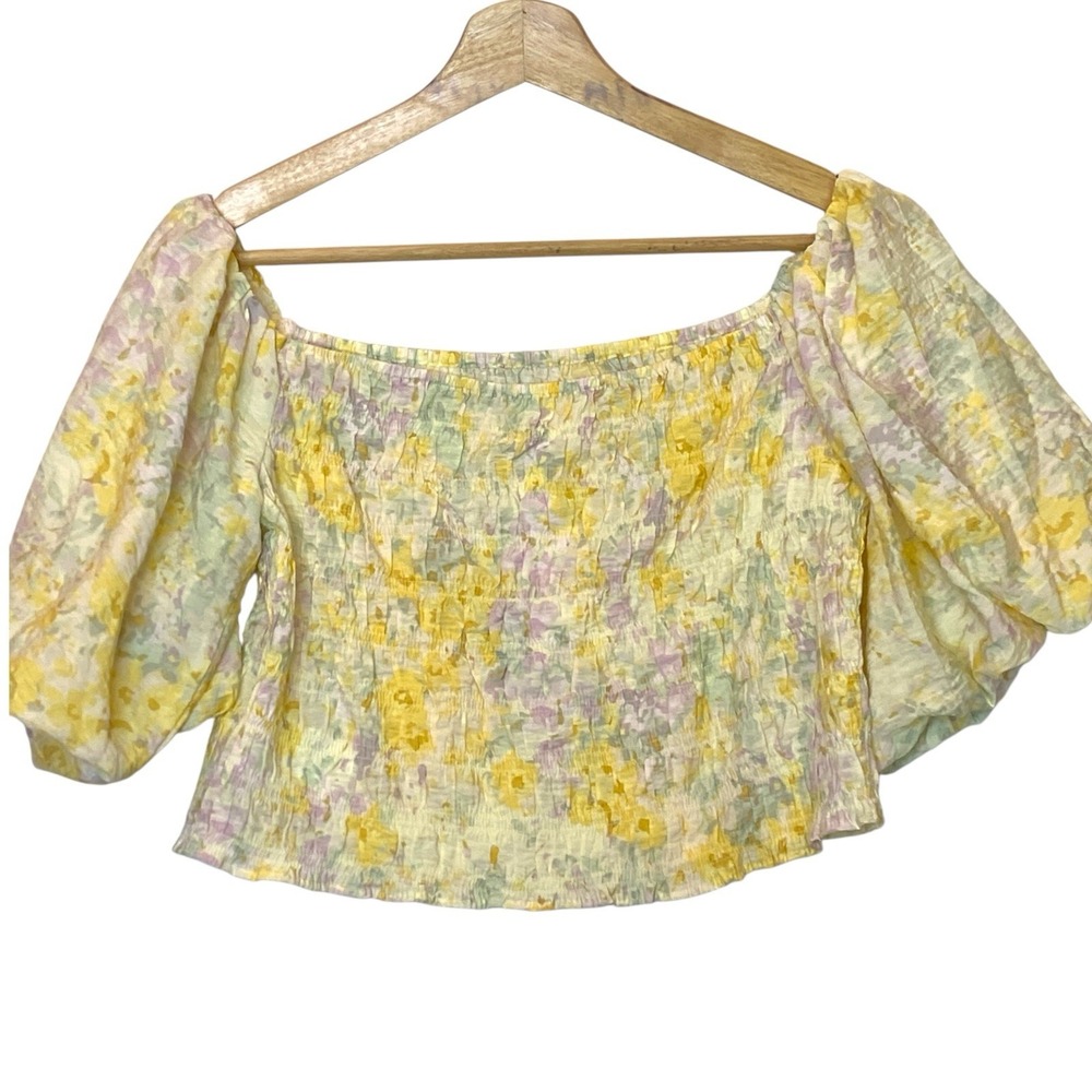 H&M Floral Smocked Crop Top Womens M Yellow Cottagecore Milkmaid Prairie‎ NWT - Picture 2 of 7